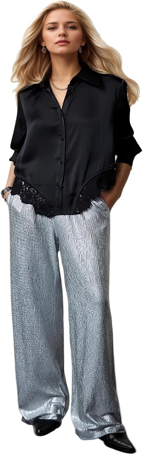 Women Button Down Shirts Casual Long Sleeve Chiffon Work Office Tops Lace Patchwork Blouse - Image 6