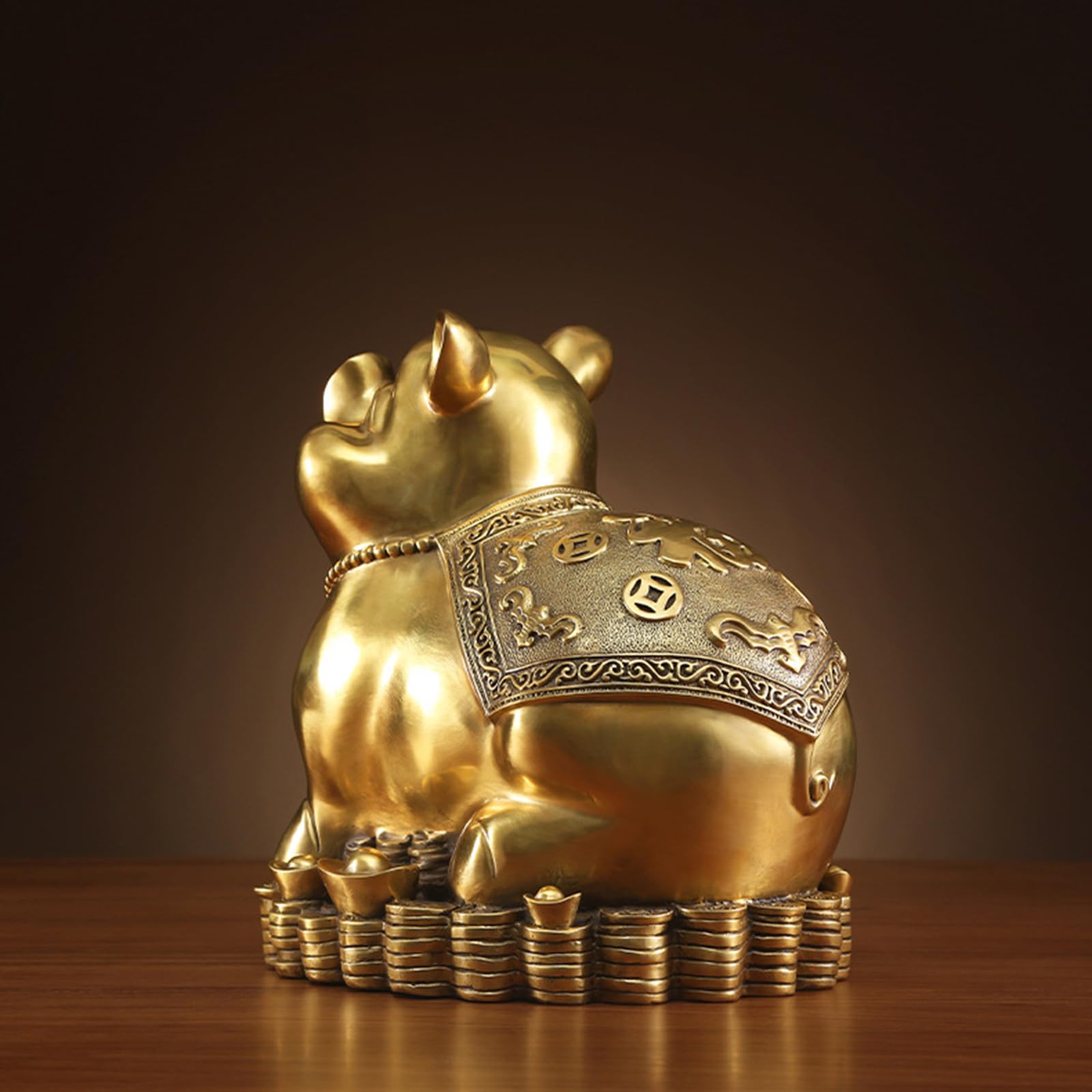 Mosiężna statua świni bogactwa Feng Shui figurka szczęśliwej świni | Z monetami Złota sztabka Baza Premium Miedź Ozdoba dekoracyjna do salonu, biurka, biura