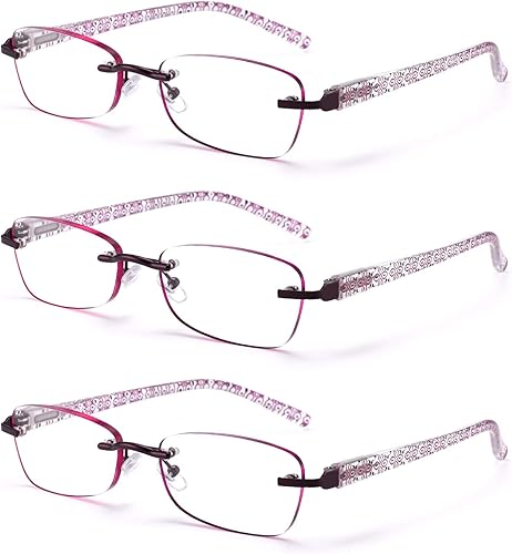 Paquete de 3 lentes de lectura sin montura para mujer, lectores ligeros de bisagra de resorte, anteojos artísticos clásicos y elegantes con UV 400