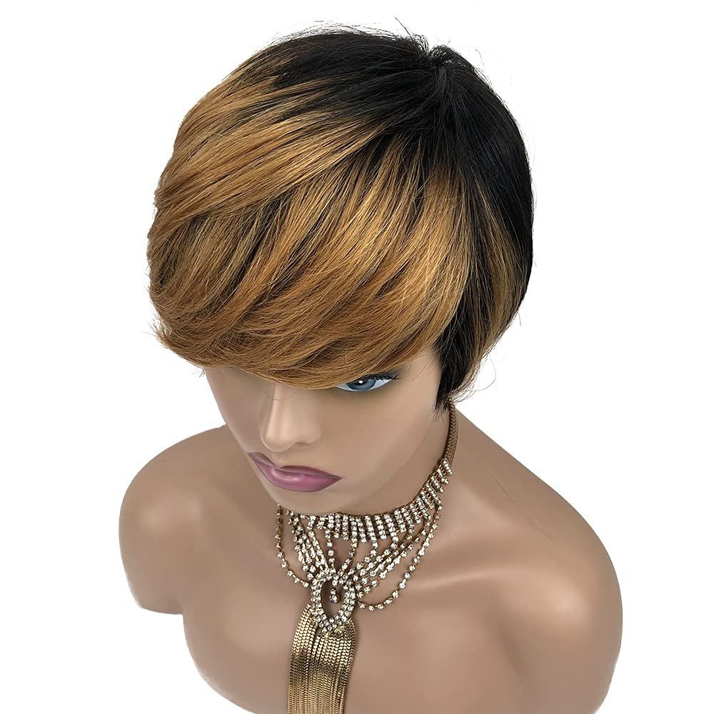 SAGA QUEEN Short Wigs Pixie Cut For Black Women Real Human Hair With Bangs Wig 1B/30# Ombre None Lace Front, 6 Inch