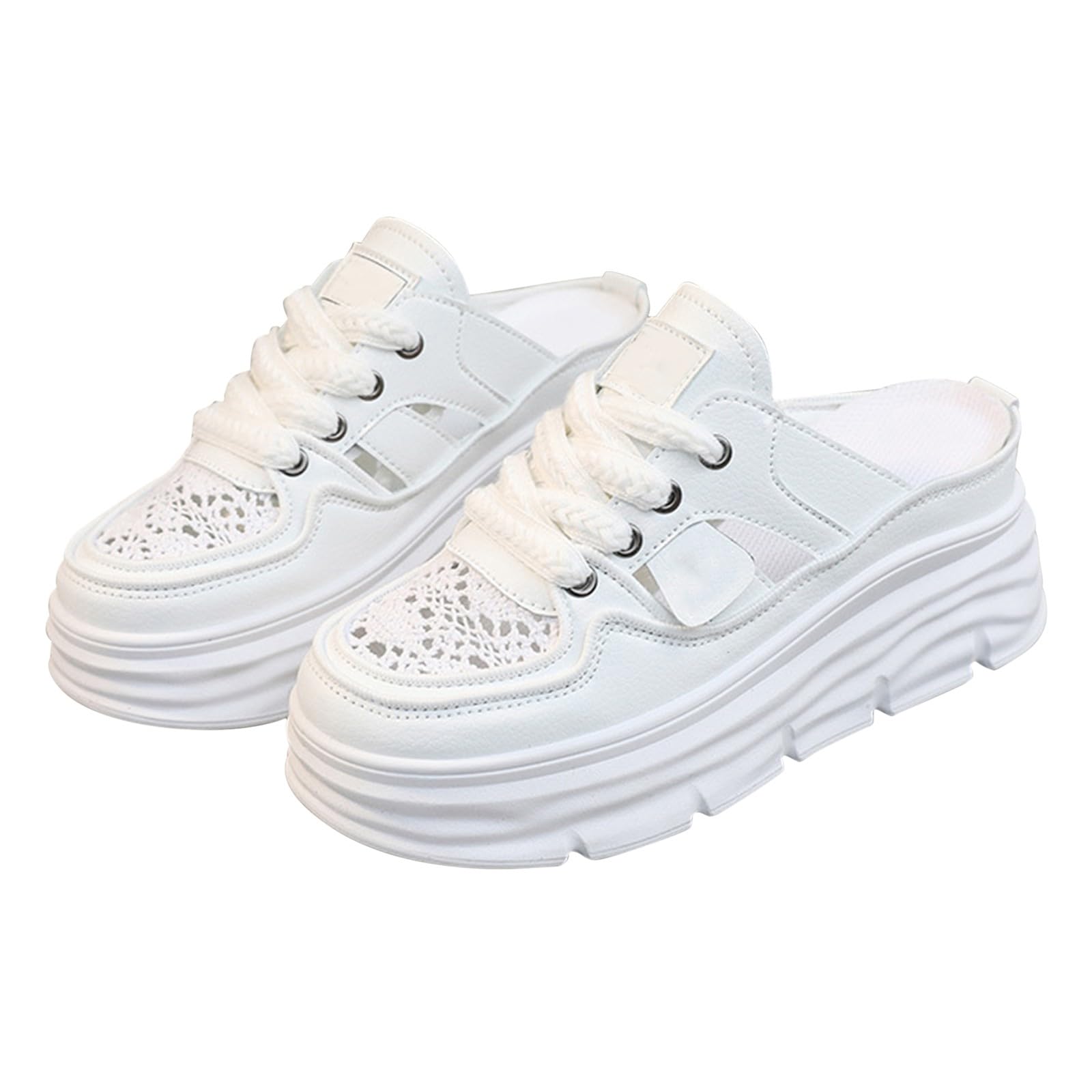 Generico Zapatillas de deporte mujer verano lona - Sandalias mujer cerradas delante y abiertas detrás sandalia plataforma con cordones zapatillas punta redonda patrón perforado zapatos ligeros y