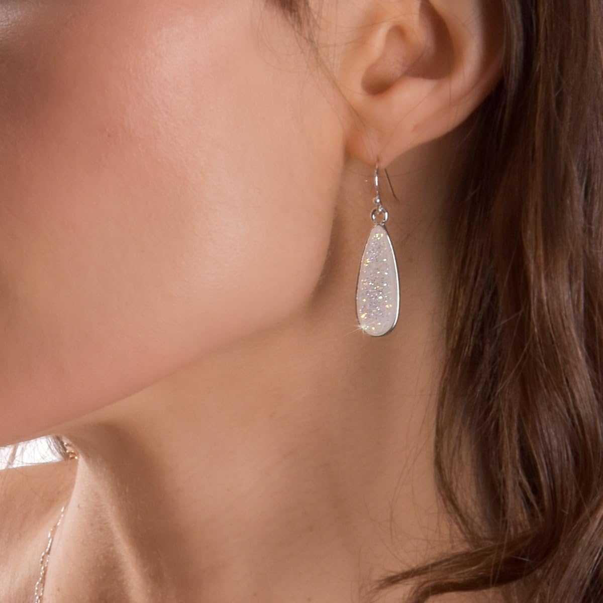 Teardrop Dangle Earrings for Women with Simulated Druzy Stones, in Gold, Rose Gold, or Silver Tone - Image 5