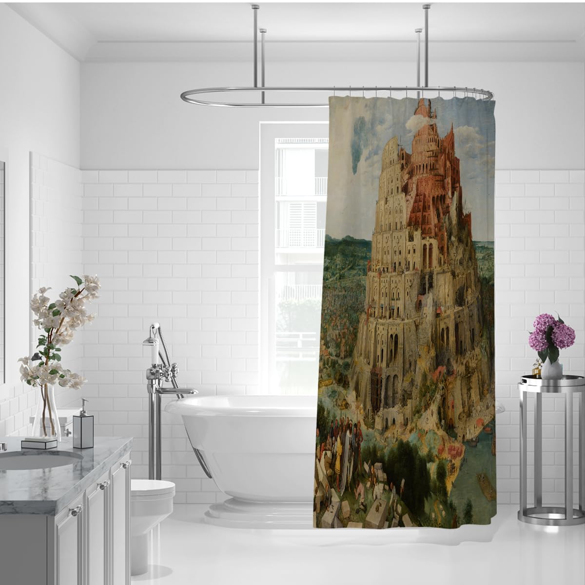 Célèbre Peinture en Tissu Rideau de Douche Tour de Babel majestueuse Structure en Spirale Rideau imperméable de Salle de Bain pour décoration d’Appartement 180 x 180 cm