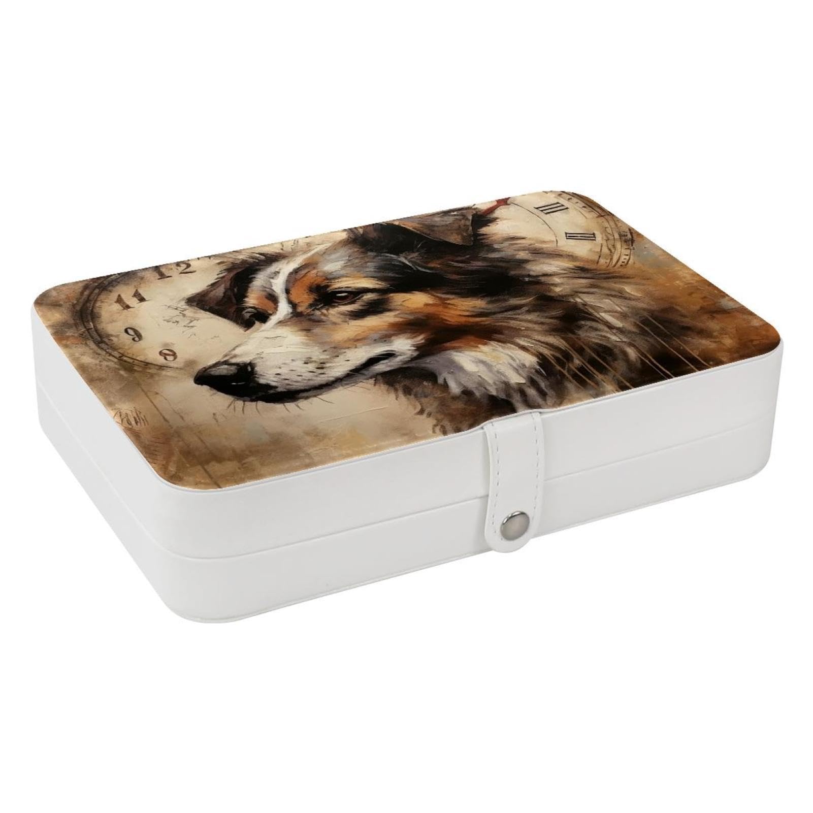 Boîte à bijoux portable motif chien vintage avec boucle métal