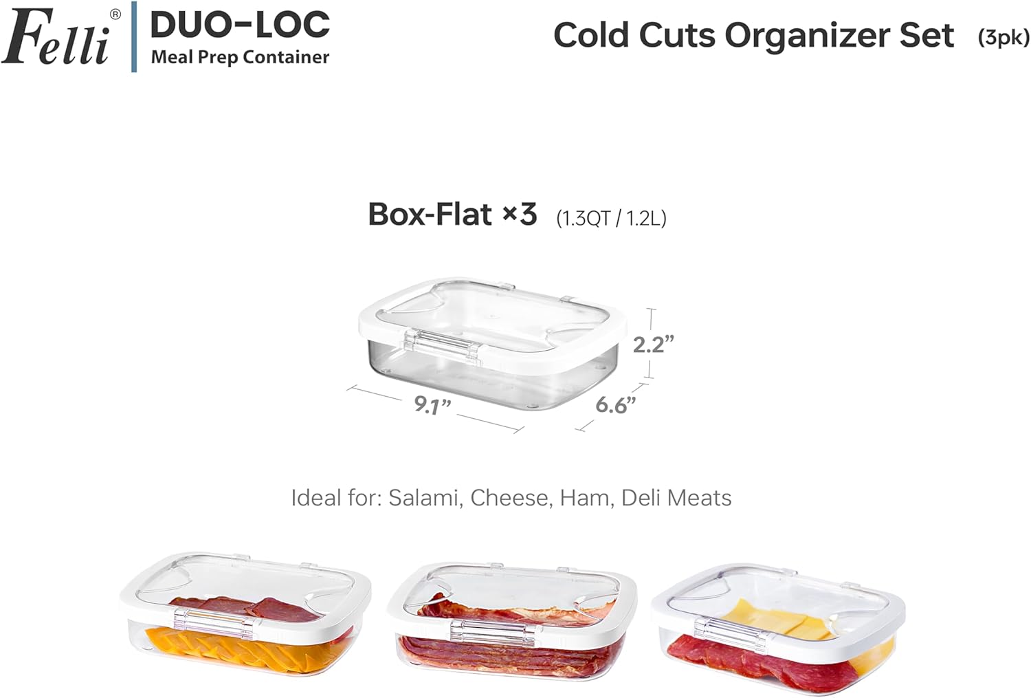 Felli Duo Loc Deli Meat Containers for Fridge with Airtight Lids, Stackable Refrigerator Organizer for Lunch Meat Storage Sandwich Ham Cheese Salami Sliced Turkey, Clear Tritan Box (Cold Cuts 3pk) - Image 4