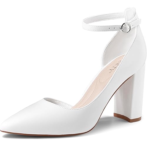 Women's Closed Toe Pumps 3-Inch Chunky Heels Pumps Ankle Strap Dress Wedding Shoes