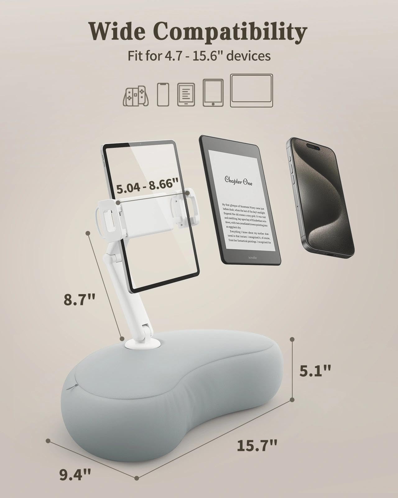 SAIJI Supporto per Kindle per iPad, compatibile con Kindle da 4,7"-15,6", telefono, iPad, supporto regolabile a 360° per tablet, con braccio flessibile a doppio asse e cuscino in microperline (grigio)