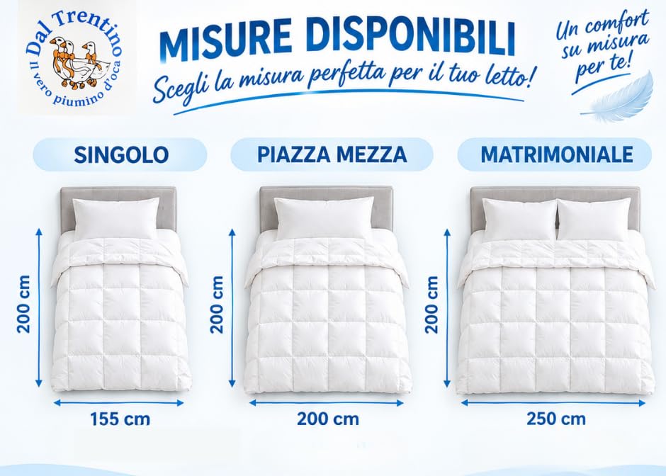 Tata Home Piumino 4 STAGIONI d'Oca Matrimoniale Dal Trentino Piumone Letto Caldo e Soffice Trapunta Annuale Imbottitura D'Oca Naturale Doppio Piumino Misura 250x200 cm Bianco