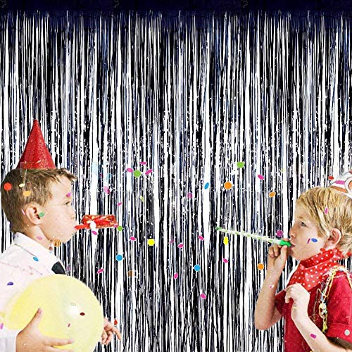 Image of Party Propz Black Foil Curtain for Decoration - Set of 4 Pcs (3 ft x 6 ft Each) Black Foil Curtains for Birthday Decorations | Blacks Birthday Decorations Items | Foil Fringe Curtains
