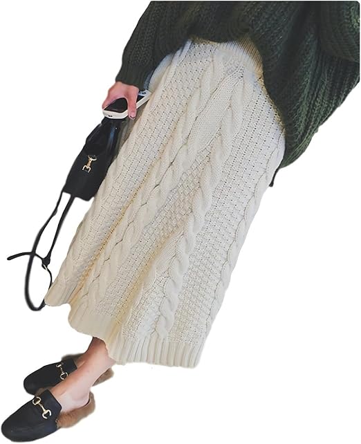 Amazon Qlube 韓版 秋 冬 レディース ニットロングスカート ロングスカート ケーブルニットスカート アクリル綿混合 アイボリー ワンサイズ スカート 通販