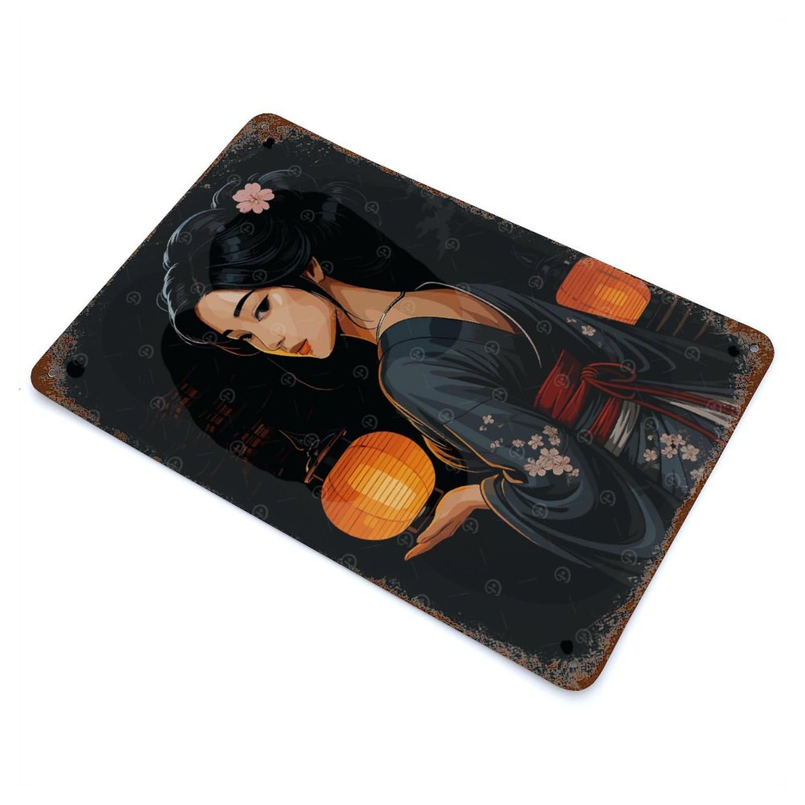 Decorative Tin Sign with Geisha with Lanterns Design 11.8"x7.9", for Garage, Bar And Workshop Decor, Decorative Metal Wall Art