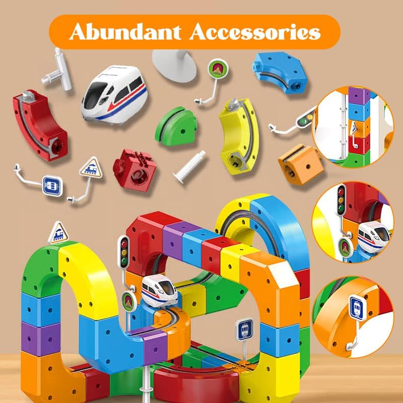 Miniatura 7 de Saker - Juego de tren eléctrico para niños, pista de construcción de fusión mágica con carga USB, más de 100 piezas de juguetes ferroviarios con