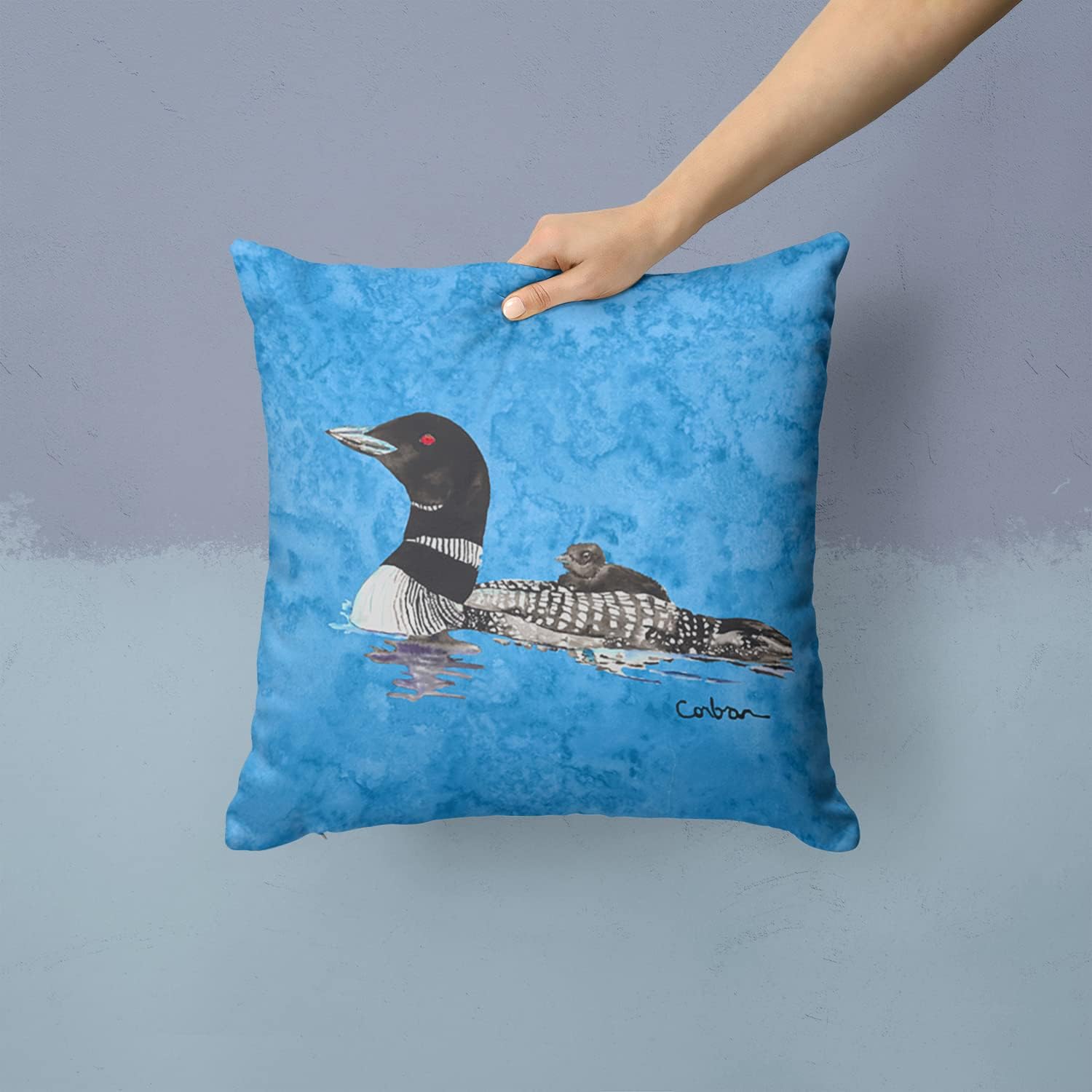 Caroline's Treasures 8718PW1414 Momma and Baby Loon Fabric Decorative Pillow Machine Washable, Indoor Outdoor Decorative Pillow for Couch, Bed or Patio, 14Hx14W