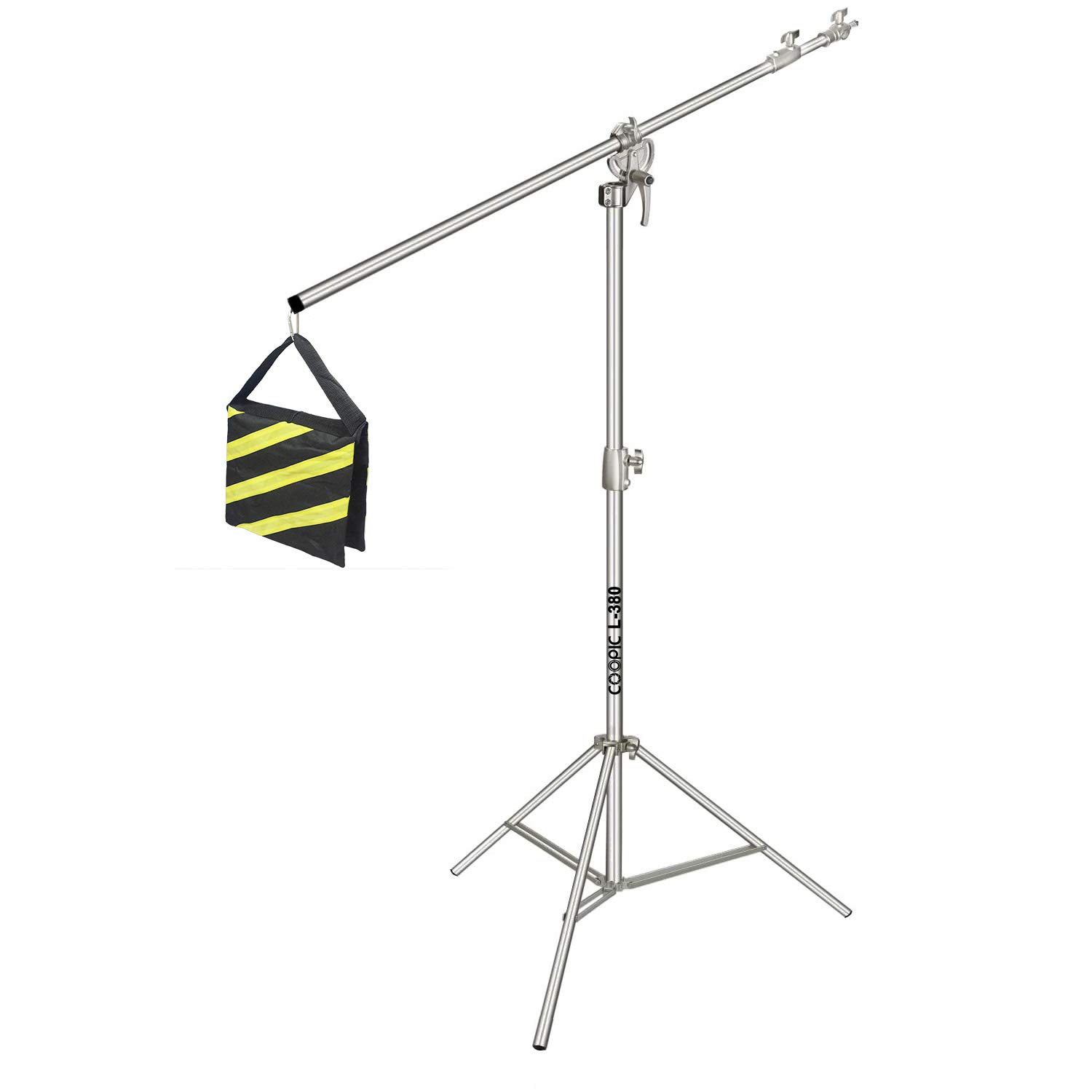 COOPIC Create Cool Pictures L380 Stainless Silver Photo Studio Two way Light Stand Max Height 385cm with 216cm Boom Arm and Sandbag for Supporting Umbrella Softbox Flash for Portrait Video Light