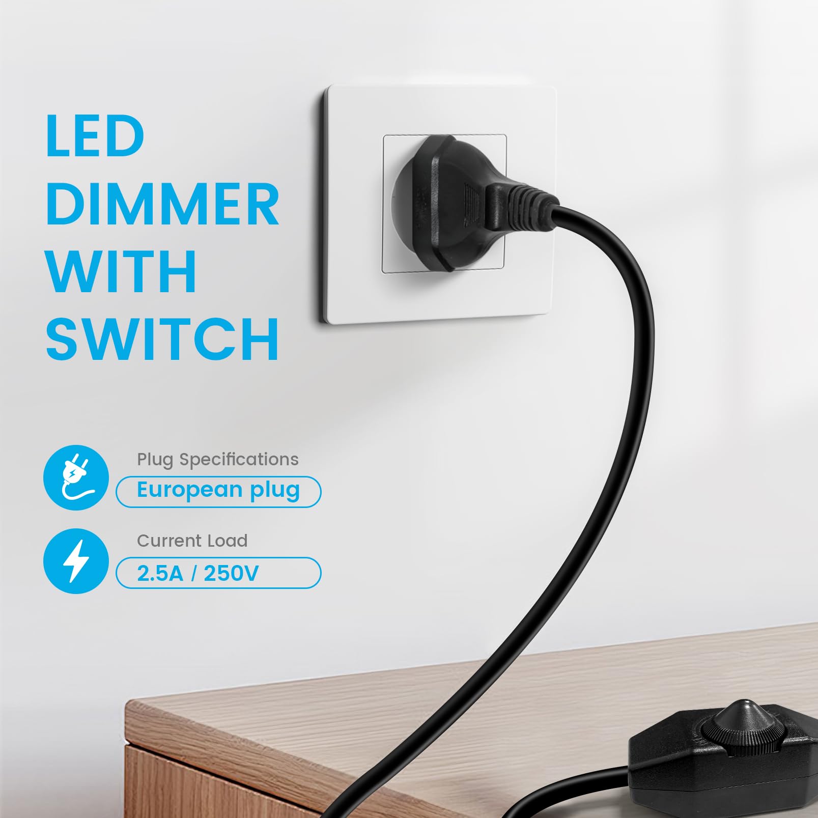 KSIBNW Regulador Intensidad LED con Interruptor, 2M Dimmer Regulador de Intensidad 220-240V Sin Niveles EURO Enchufe Cable de Alimentación Extensión Rotativo Interruptor Silencioso para Lámparas LED