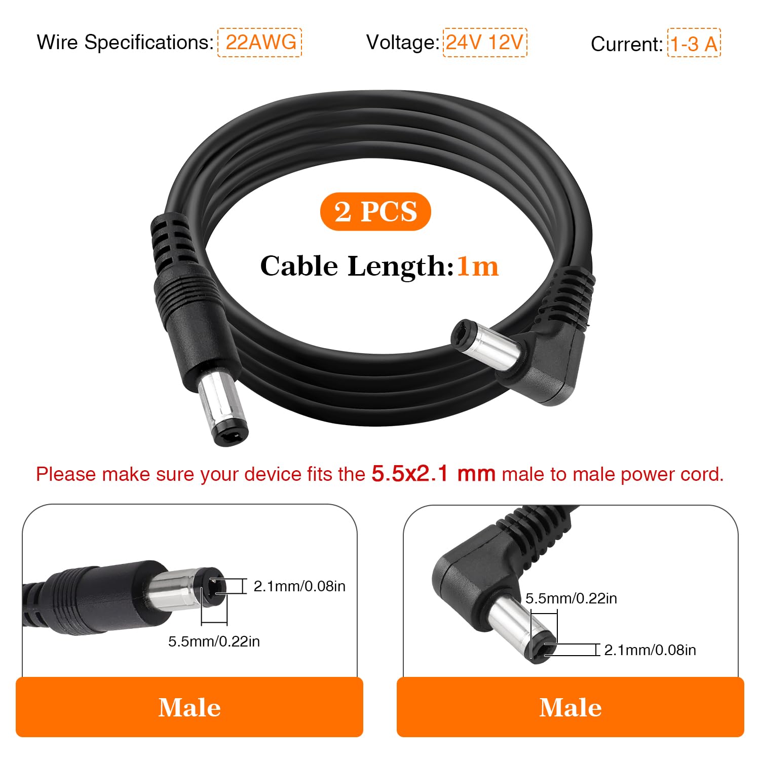 2 Pezzi 1m 5.5x2.1 mm 24V 12V Cavi di Prolunga per Alimentazione DC, DC Cavo Estensione Angolo Retto Maschio a Maschio 22AWG, per Telecamera Sicurezza CCTV, DVR, Nero
