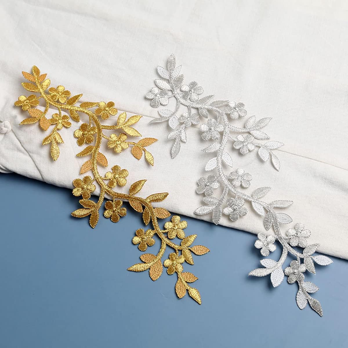 4 Pieces 10x5inch Long Patch Flower Vine with Leaf Iron on Patch Embroided Applique for Garment Curtain Pillow Blanket Trimming Shoes Jeans Clothing Embelishments (White)