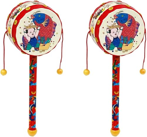 Kisangel 2 unids mono tambor chino tradicional bebé sonajero giratorio Juguetes musicales de mano para niños
