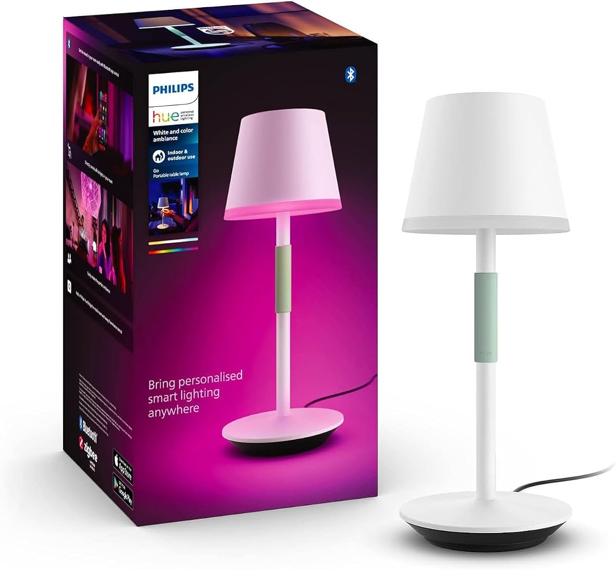 Lámpara de mesa portátil Go Smart, paquete de 1 | Ambiente de color y blanco, cambio de color de LED, uso en interiores y exteriores, control con la aplicación Hue o asistente de voz