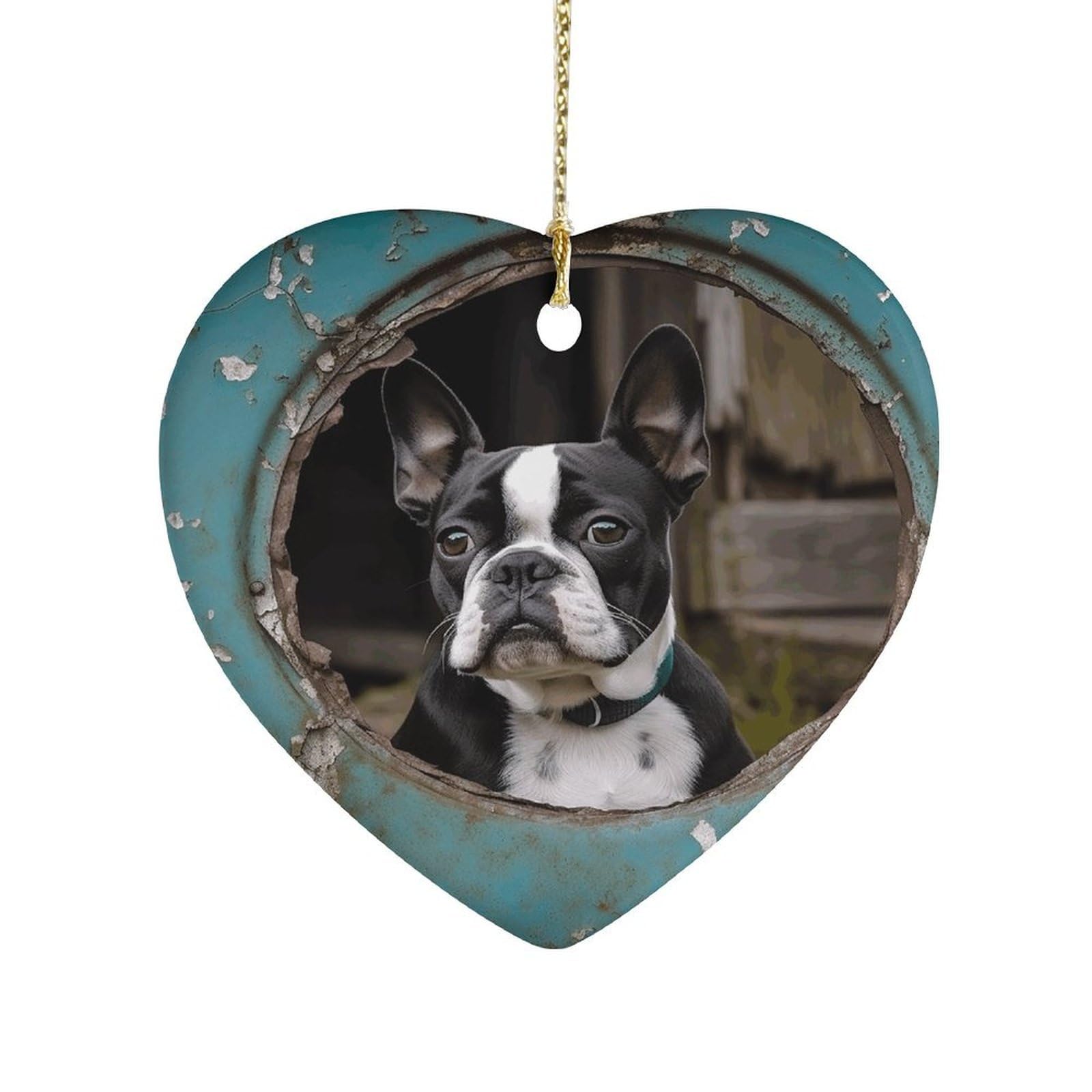 Boston Terrier Heart Ornament Precious Heart-Shaped Pendant Idea Ceramic Ornaments with Gold String Personalized Heart Shaped Decoration for Outdoor Party Love