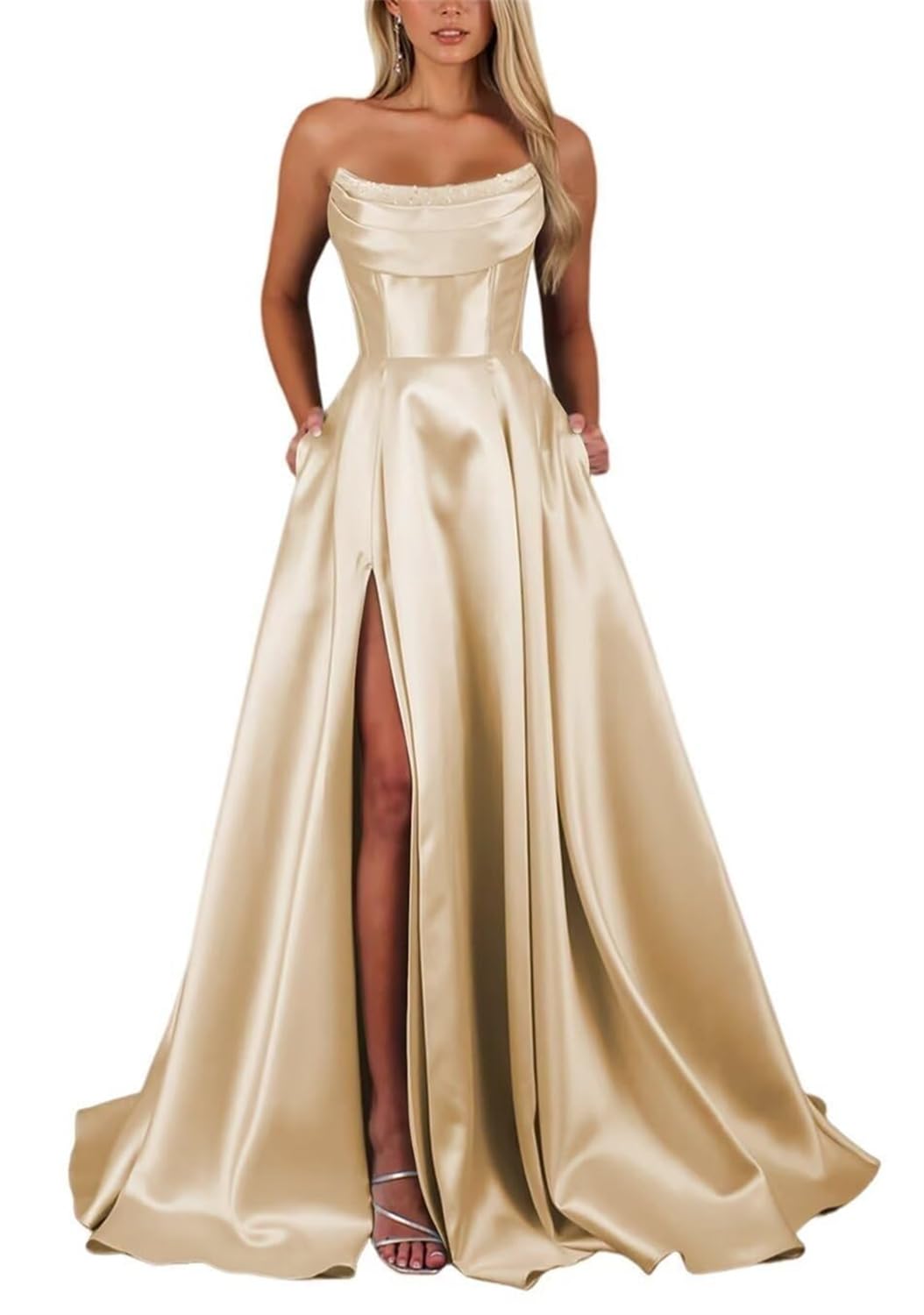 Kiyne Women's Champagne Strapless Prom Dresses For For With Slit Corset Ball Gown Floor Length Solid Formal Dress Evening Gowns Uk8