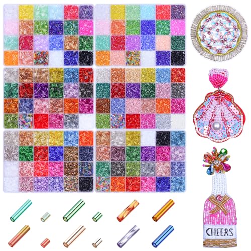 SONGIN 28800 Pcs Bugle Beads Kit 6 Boxes Glass Tube Beads Set with 144 Colors 7mm Long & 2mm Short Bugle Seed Beads for Jewelry Making Bracelet Necklace Embroidery and Crafts Supplies