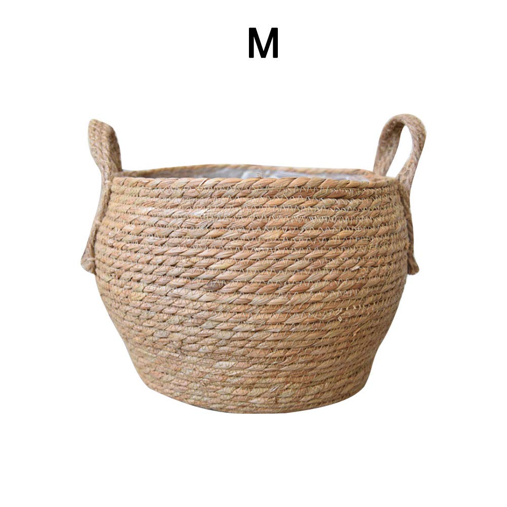 Cesta tejida de paja hecha a mano, decoración de almacenamiento multifuncional ecológica de estilo nórdico para el hogar, jardín y oficina (B-M)