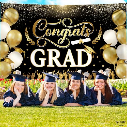 Image of Congrats Grad Banner - 72x44 Inch, Congratulations Banner Class of 2026, Black and Gold Graduation Decorations 2026 Graduation Banner for Graduation Party Decorations, Graduation Backdrop, KatchOn