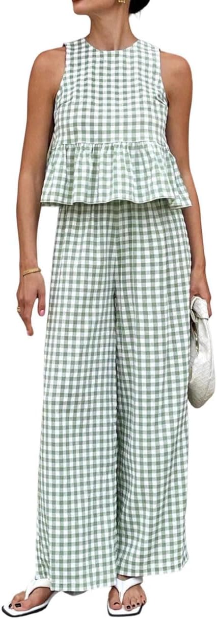 Women Casual Crew Neck Sleeveless Tops Set High Waist Straight Trousers Summer Vacation Outfit
