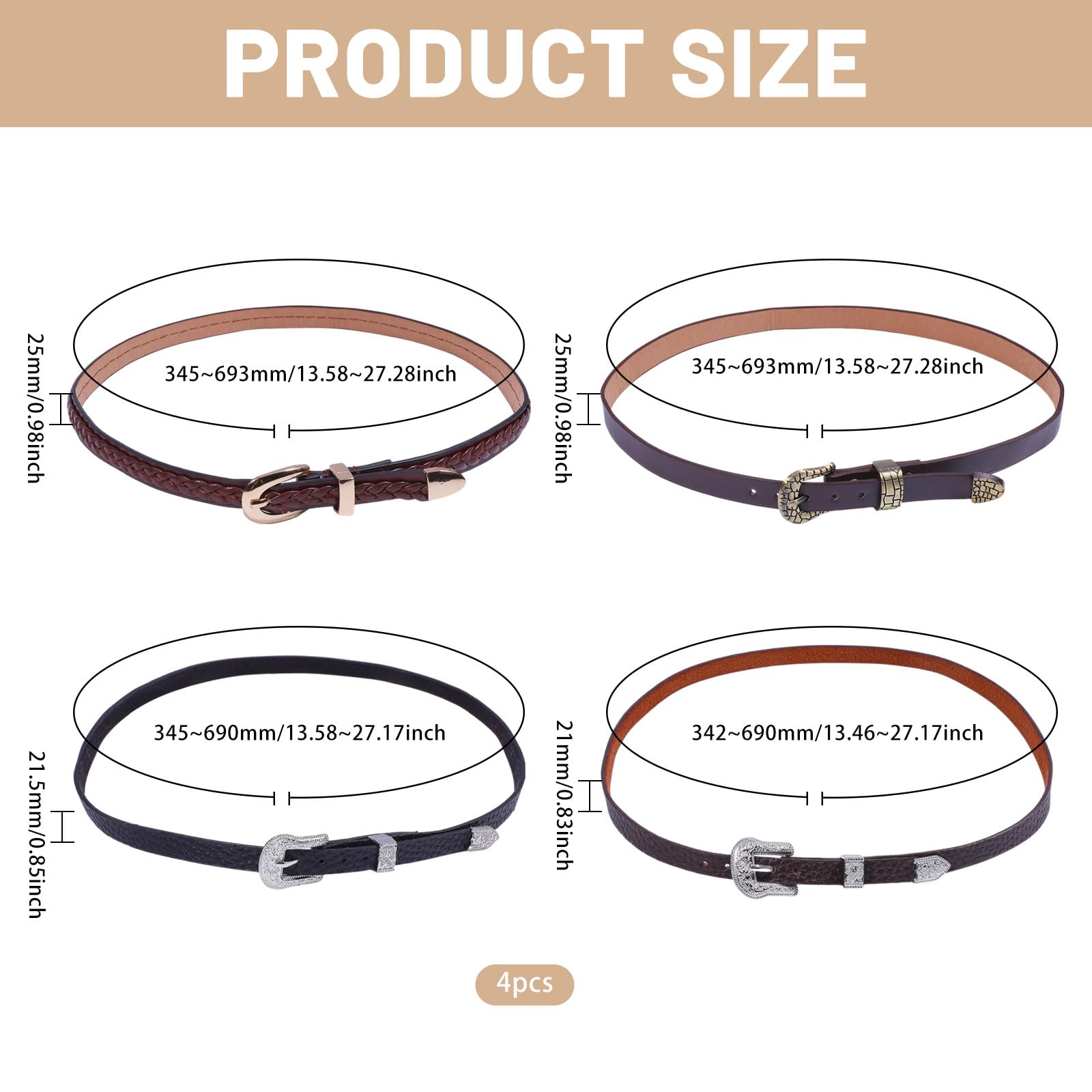 CHGCRAFT 4Pcs 4Style Cowboy Hat Bands Western PU Leather Hats Belt Replacement with Alloy Clasps Rancher Fedora Strap Rodeo Headbands for Men Women