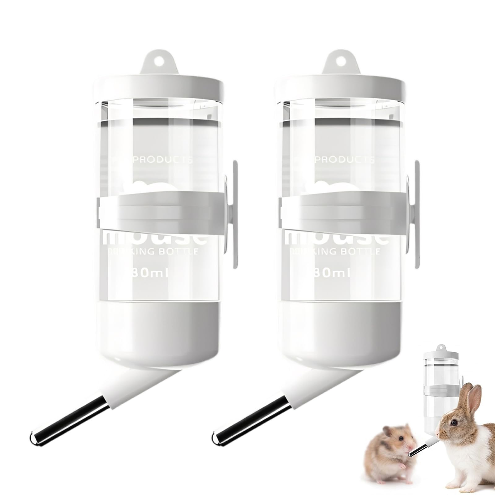 Pack de 2 Bebedero Hamster y Bebedero Conejo 80ml, Dispensador de Agua Automático Antigoteo para Pequeños Animales, Accesorios Hamster para Jaula, Cobayas, Ratones y Jerbos, Blanco