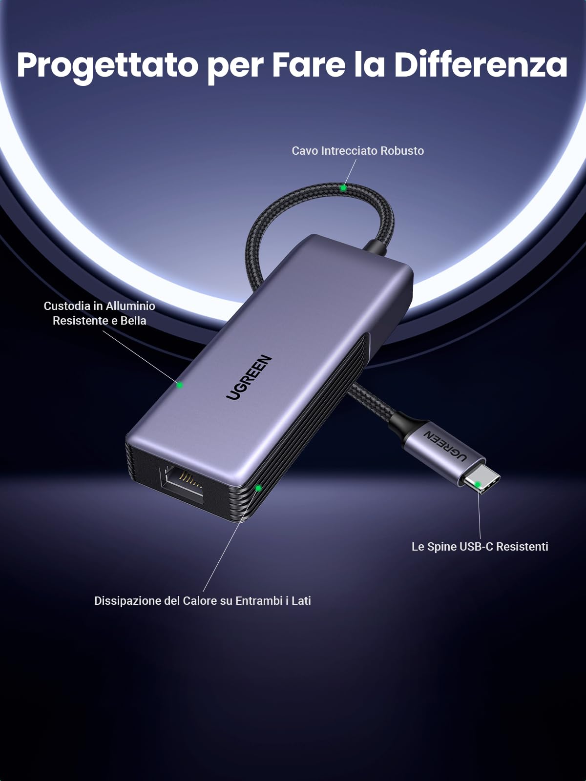 UGREEN Adattatore di Rete USB C Ethernet RJ45 5 Gigabit Convertitore Lan Thunderbolt C 3.2 Gen 2 LAN WOL MDI MDIX Alluminio Compatibile con iPhone 17 Pro Max Air Windows 11 Linux Kernel 5.17