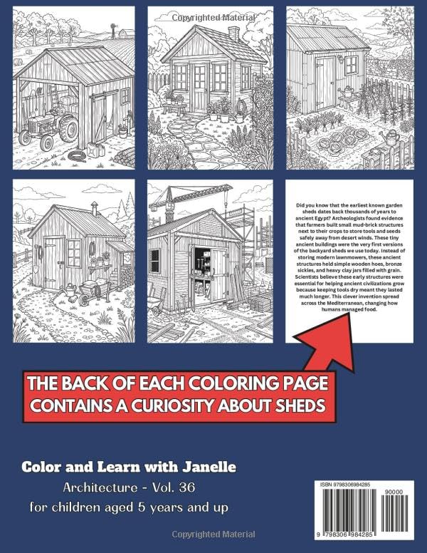 50 Sheds Coloring Pages Book for Kids and Adults: +50 Awesome Facts. Coloring Book for Children and Grown-Ups. Color and Learn with Janelle - Architecture - Vol. 36 image 3