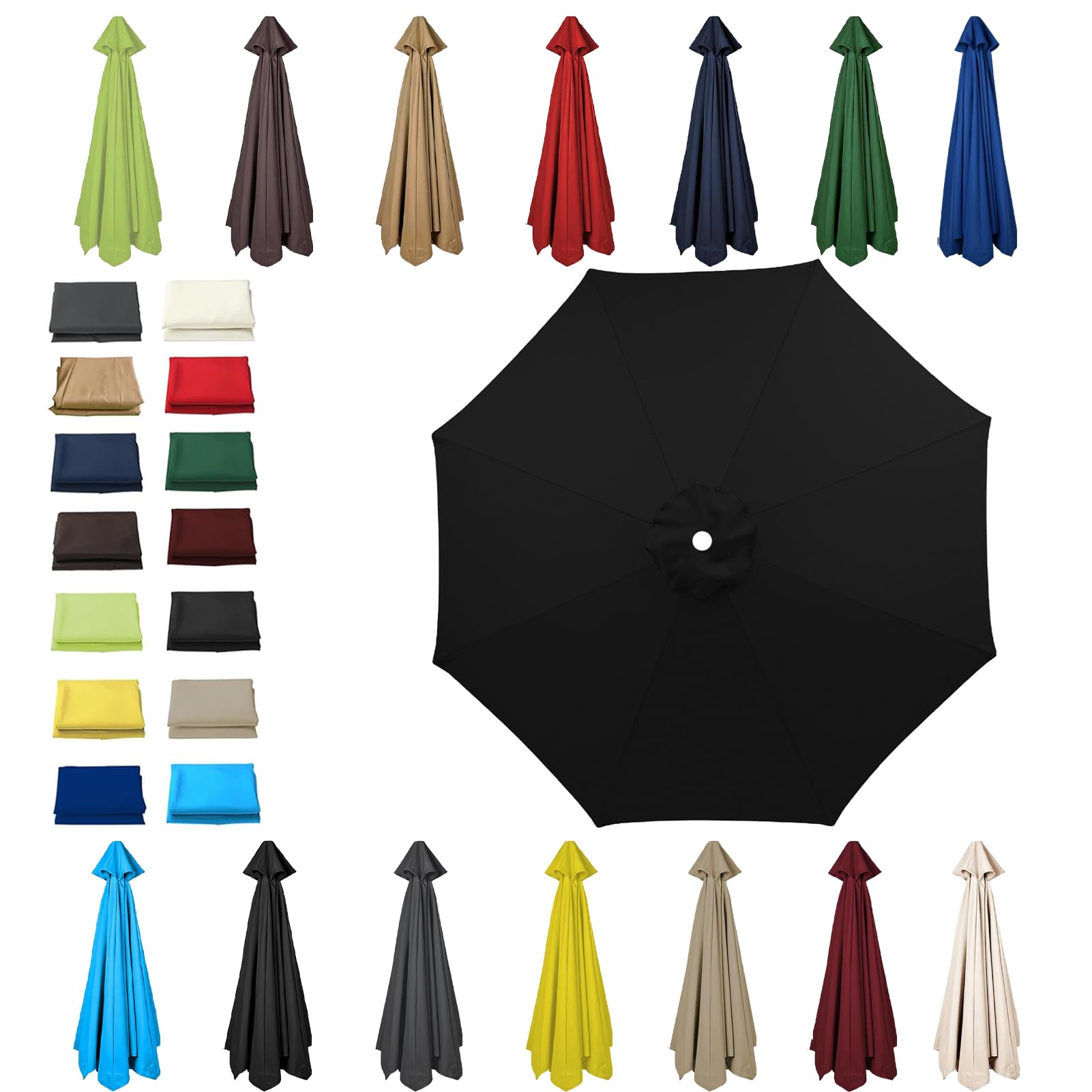 HonunGron 6 Ribs/8 Ribs Replacement Parasol Cover, 3.0m/2.7m/2.5m/2.3m/2m Umbrella Canopy Replacement, Sun Umbrella Replacement Cloth, UV 50+ Garden Parasol Canopy Cover (8 ribs-3m(9.8ft),Black) — image 1