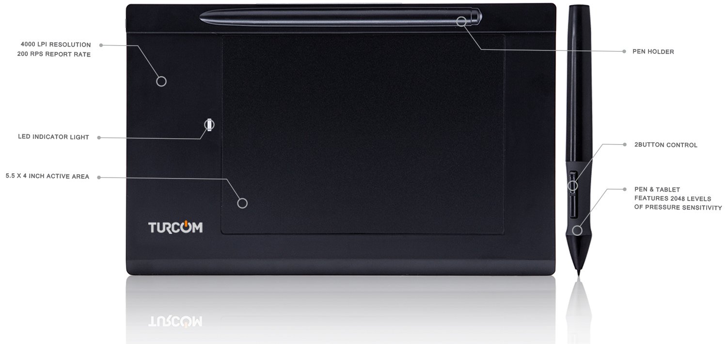 Turcom Tavoletta grafica da disegno touch pen per Windows e Mac - 5,5 '' x 4" superficie nera ideale per bambini e artisti (TS-6540)