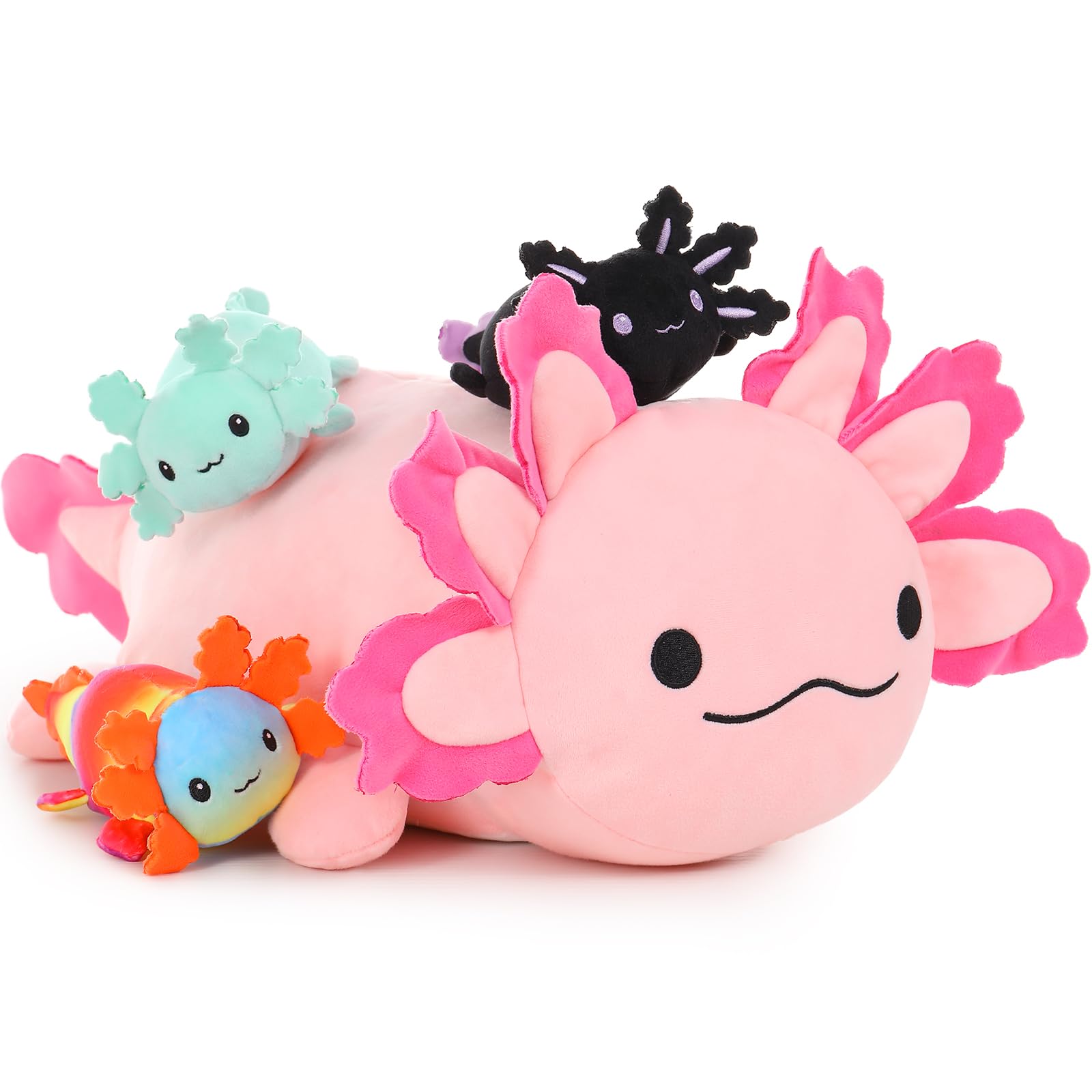 4Pcs Axolotl Plush, Large Pink Axolotl Stuffed Animal Mommy 24 inch with 3 Babies in Tummy, Soft Pillow Toys Gifts for Kids Girls Boys