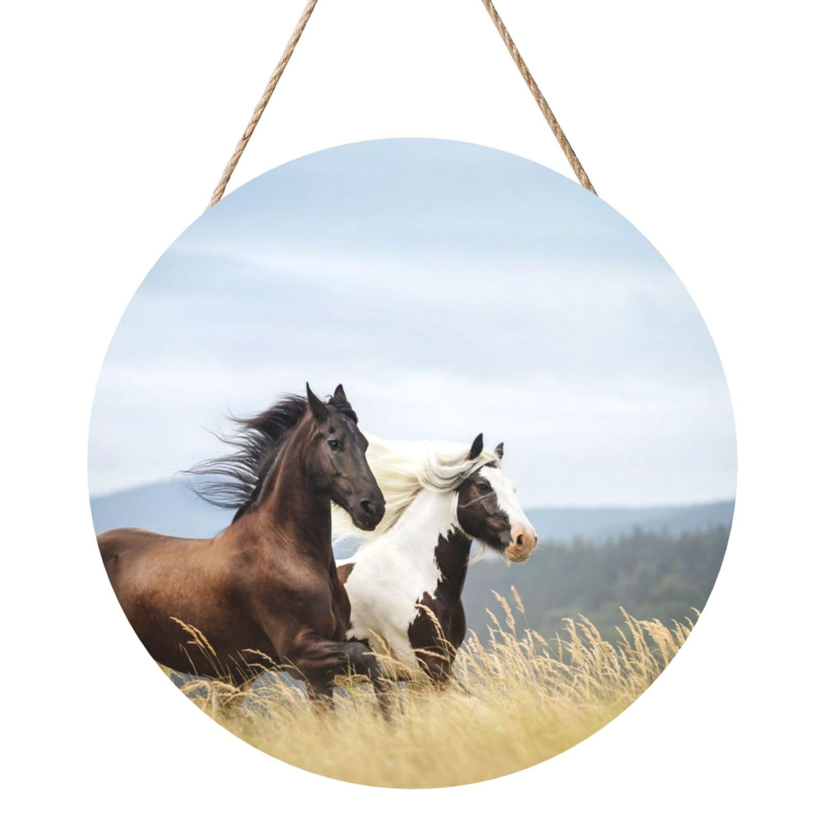 InOmak White Horse, Round Wood Panel Painting 12 in, Wall Hanging Painting For Home