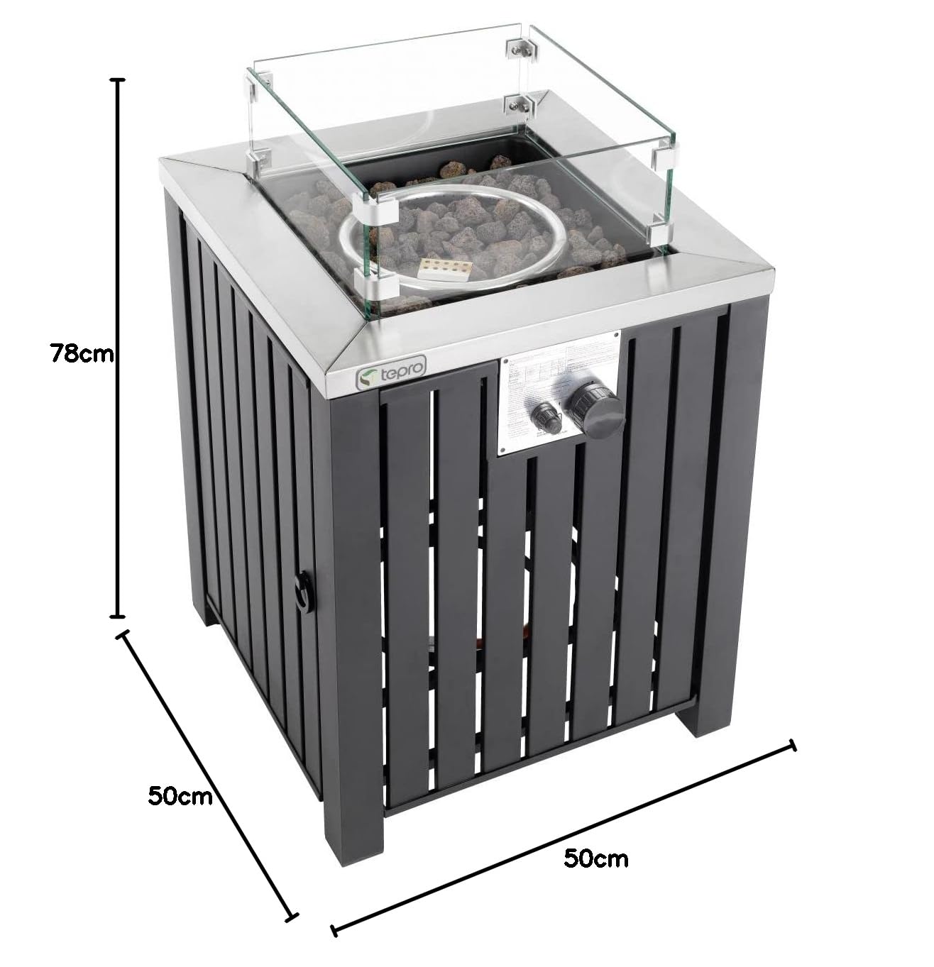 tepro Gasfeuerstelle Topeka quadratisch 50x50 cm Gas-Tischkamin Edelstahl-Brenner 13 kW Outdoor Feuerstelle Terrasse Garten