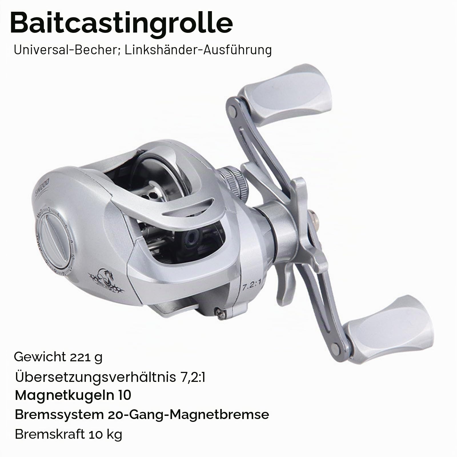Baitcast Rolle Angelrolle Linkshänder 7.2:1, Leichte Baitcaster Rolle mit Magnetbremse 20 Stufen, 10kg Zugkraft, Aluminium Spule für Süßwasser und Meeres