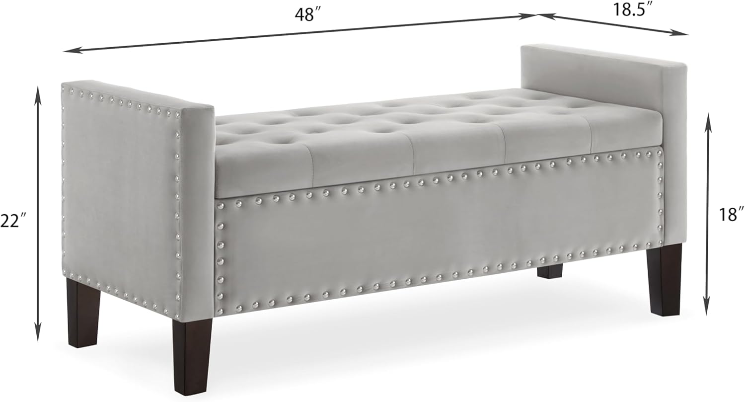 Gray Velvet Upholstered Storage Bench with Nailhead Trim