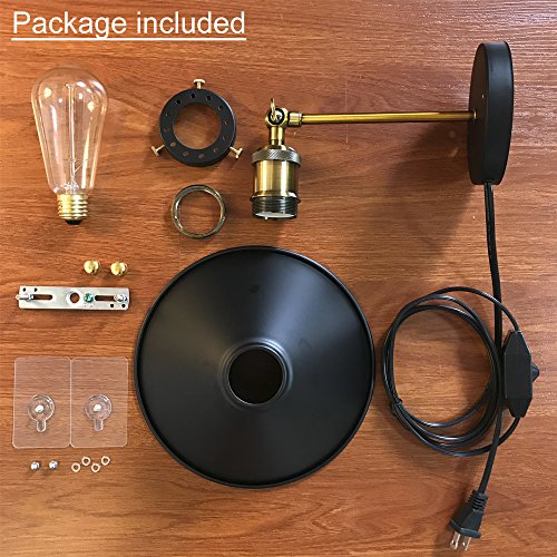 Image of ANYE No Drilling 1-Light Plug-in Wall Sconce Vintage Industrial Loft Retro Style E26 UL Dimmable Switch Cord Simplicity Arm Swing Wall Light for Guest Bath Loft Bar Rental House Bulb Included
