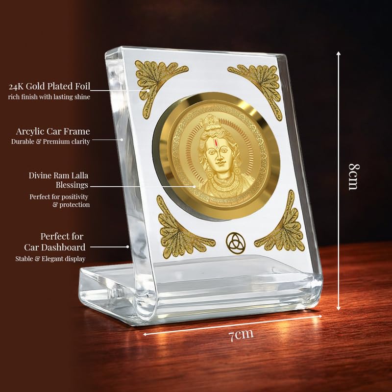 Image of DIVINITI 24K Gold Plated Lord Ram Lalla Acrylic Frame for Car Dashboard, Home Temple & Office Table | Premium Spiritual Gift, Blessings for Protection & Positivity, 8x7 cm Decorative Showpiece