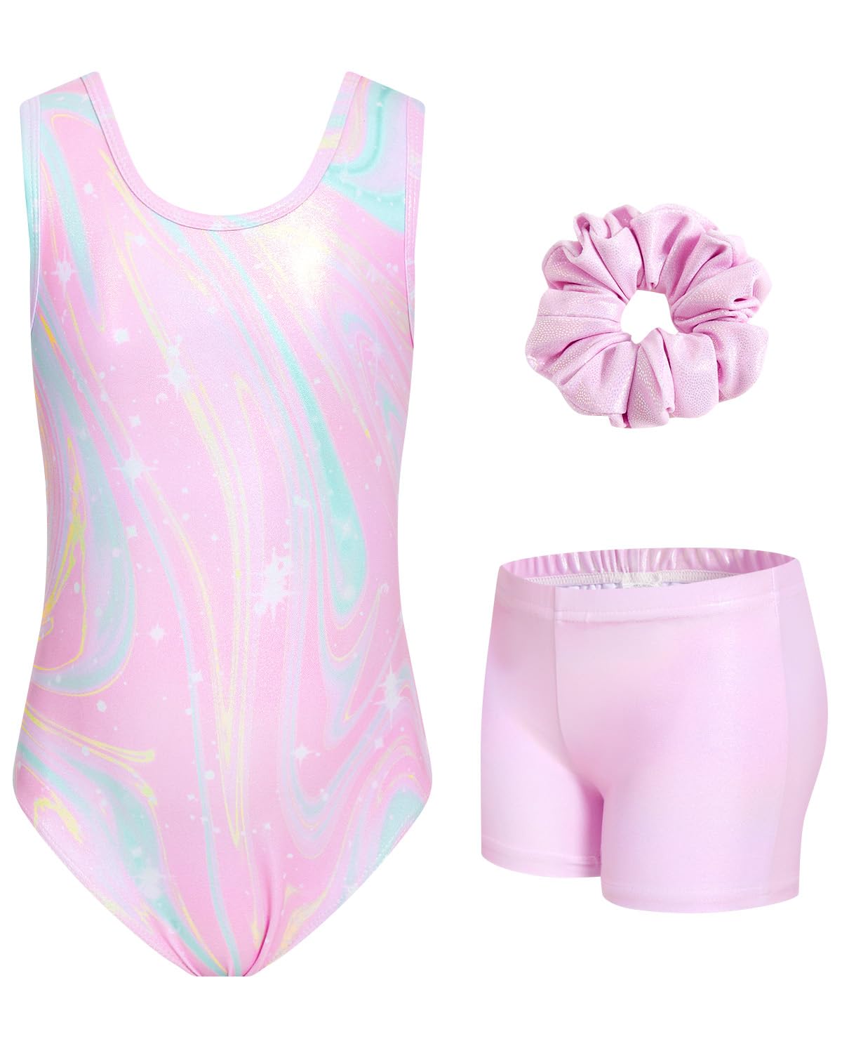 JiAmy Gymnastikanzug Mädchen, Turnanzug Kinder mit Hose Haarband Set, Glänzendes Gymnastik Turnanzug Leotard für 11-12 Jahre
