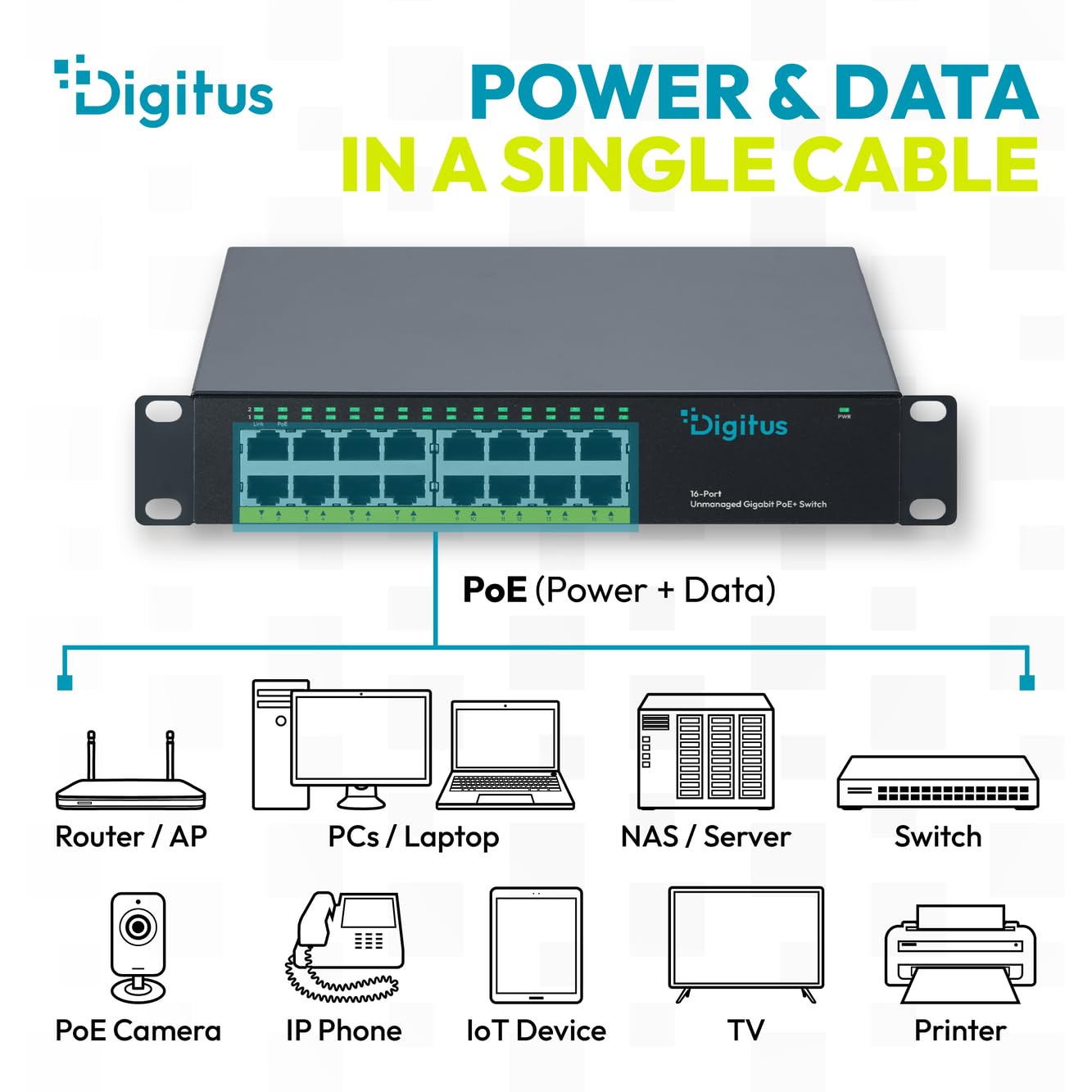 DIGITUS Switch di rete PoE+ – 10 pollici, 1U – 1 Gbit/s – 16 porte RJ45