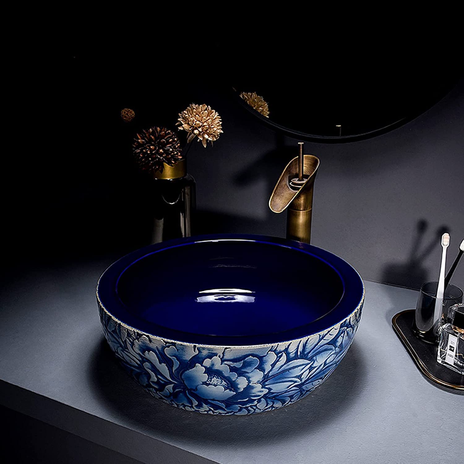 Ceramic Bathroom Sink Creative Ceramic Bathroom Vessel Sink, Carved Pattern Countertop Basin Sink Round 41 * 41 * 16Cm, Balcony Cloakroom Washbasin For Home Hotels Restau,Basin+FaucetAccessoriesSet