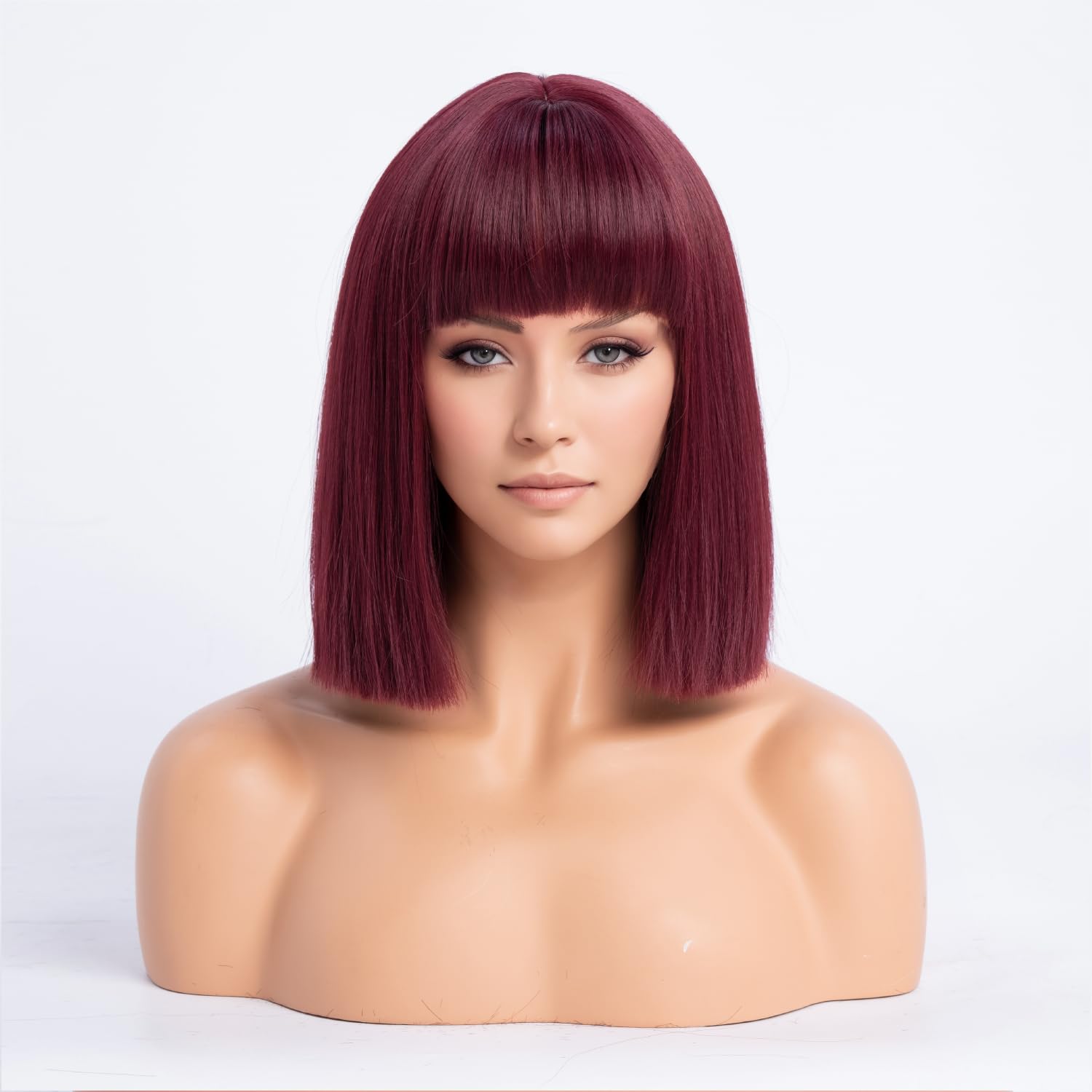 SIMKAYLEE Short Wine Red Bob Fringe Wigs for Women Shoulder Medium Length Burgundy Straight Synthetic Wig with Bangs for Cosplay Costume Anime Fancy Dress Party Halloween Daily Use (12 Inch)