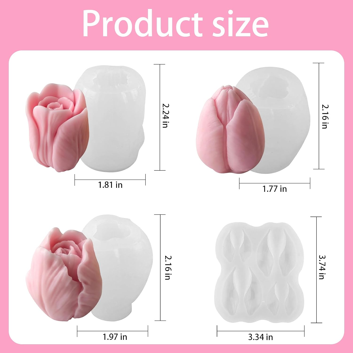 Flower Silicone Mold 4pcs Tulip Candle Molds with Leaf Mold 3D Floral Candle Mold Flower Shape Moldes De Rosas Silicona para Velas Jelly Chocolate Mousse Cake Decor Resin Clay Soap Mould