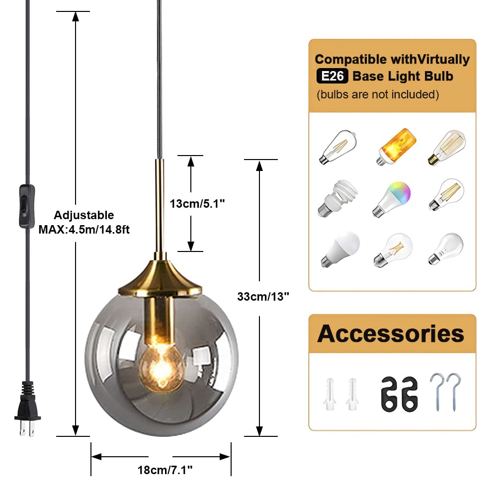 KCO Lighting Modern Plug in Pendant Light Fixture Smoke Grey Glass Globe Pendant Light Gold Brass Pendant Lighting for Kitchen Island Entryway Dining Room (Smoke Grey)