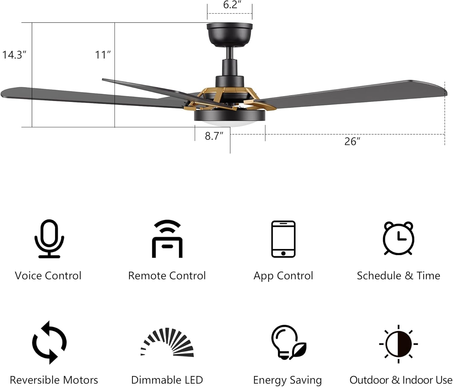 SMAAIR 52" Smart Wifi Ceiling Fans with Dimmable LED Lights and Remote, Compatible with Alexa/Google Home/Siri/APP, Outdoor DC Fans with 10 Speeds, Timer/Schedule, Black/Gold
