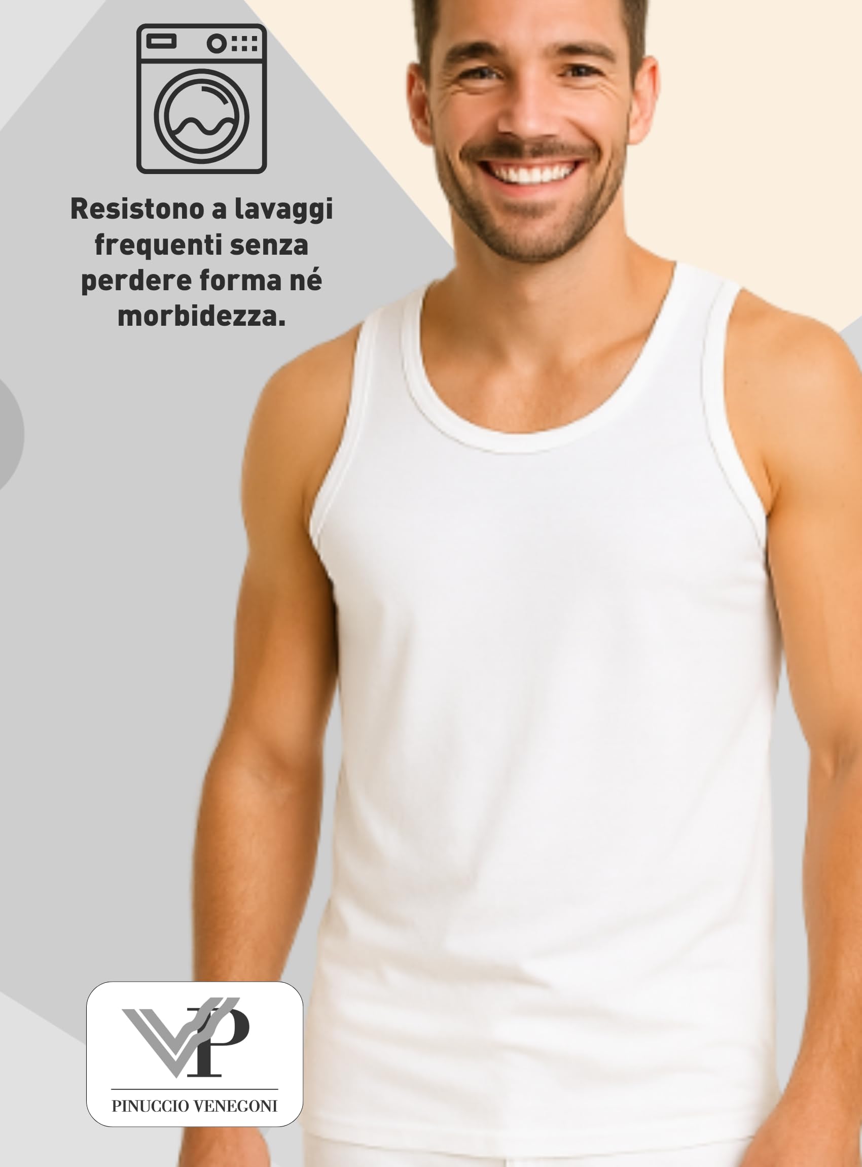 VP PINUCCIO VENEGONI - Lot de 3 débardeurs homme coton 100 % mercerisé, large épaule, blancs, sous-vêtements pour hommes respirants, fabriqués en Italie